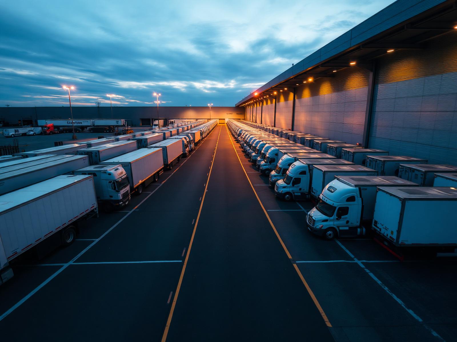 Fleet of reefer trucks at a logistics terminal